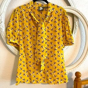 Girls from Savoy yellow owl print puff sleeve blouse, sz 12